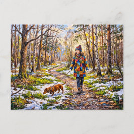 Dachshund loopt langs zonnig besneeuwd bospad briefkaart