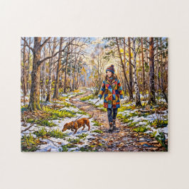 Dachshund loopt langs zonnig besneeuwd bospad legpuzzel