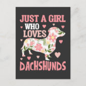 Dachshund Loving Girl Flower Dog Puppy Hearts Briefkaart (Voorkant)