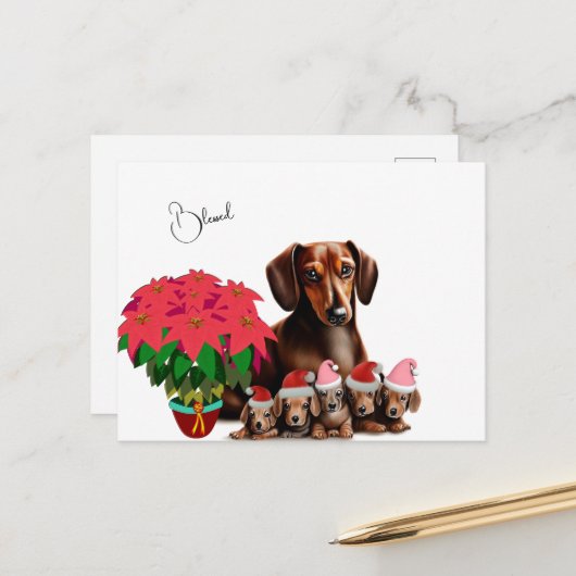 Dachshund Mama en puppies Kerstmis Briefkaart (Voorkant / Achterkant in situ)