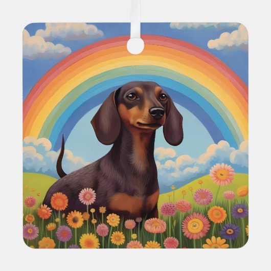 Dachshund Memorial Aangepaste hondennaam Rainbow B Metalen Ornament (Voorkant)