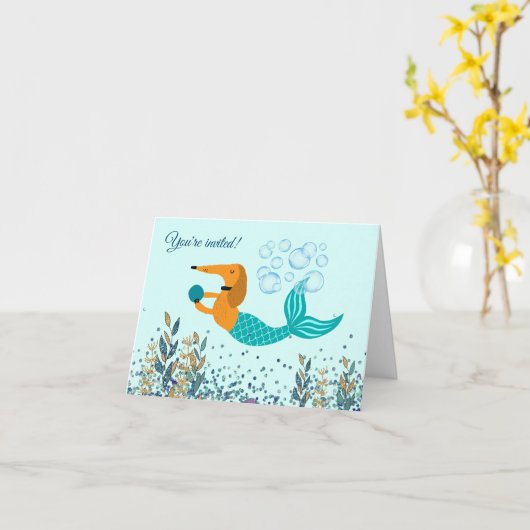 Dachshund Mermaid Pool Party-uitnodigingen zwemmen Kaart (Gele Bloem)