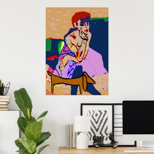 Dachshund met abstracte vrouw poster (Thuiskantoor)