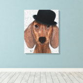Dachshund met Black Bowler Pet Canvas Afdruk (Insitu (Houten vloer))