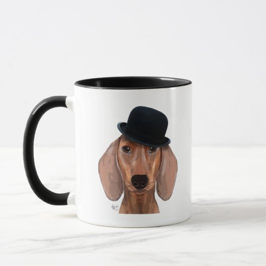 Dachshund met Black Bowler Pet Mok (Links)