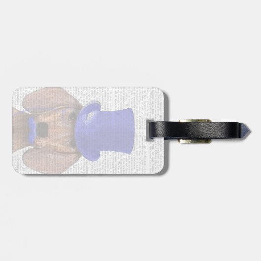 Dachshund met blauw bovenhoofd en blauwe snor bagagelabel (Achterkant horizontaal)