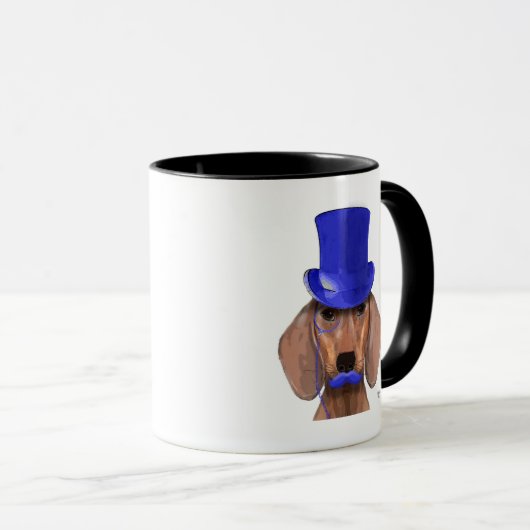 Dachshund met blauw bovenhoofd en blauwe snor mok (Voorkant rechts)