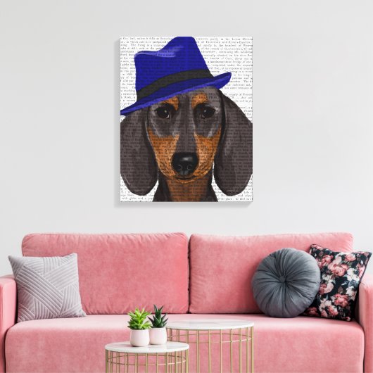 Dachshund met Blue Trilby Canvas Afdruk (Insitu (Woonkamer))