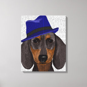 Dachshund met Blue Trilby Canvas Afdruk