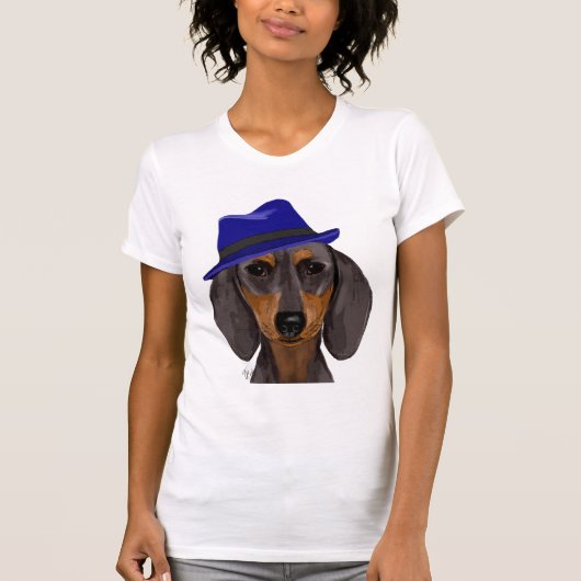 Dachshund met Blue Trilby T-shirt (Voorkant)