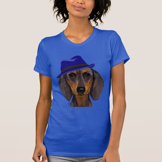 Dachshund met Blue Trilby T-shirt (Voorkant)