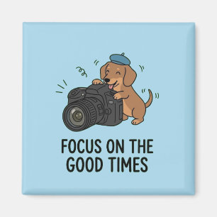 Dachshund Met Camera "Focus op Goede Tijden" Blauw Magneet