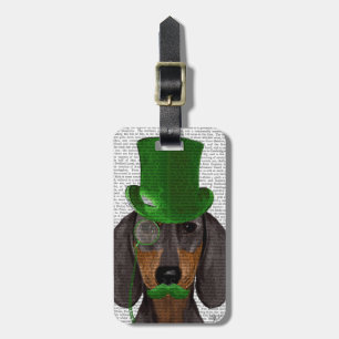 Dachshund met Green Top Hat Black Tan 2 Bagagelabel