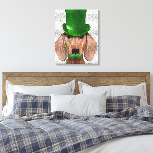 Dachshund met Green Top Hat en Mustache Canvas Afdruk (Insitu (Slaapkamer))