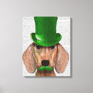 Dachshund met Green Top Hat en Mustache Canvas Afdruk