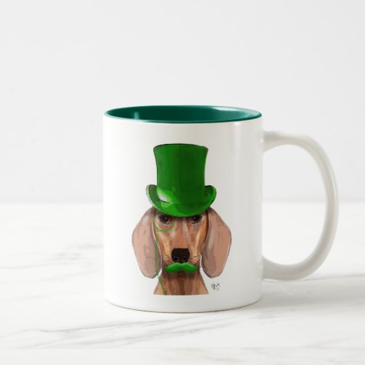 Dachshund met Green Top Hat en Mustache Tweekleurige Koffiemok (Rechts)
