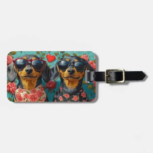 Dachshund met hartrozen Valentijnsdag Bagagelabel (Voorkant horizontaal)