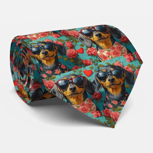 Dachshund met hartrozen Valentijnsdag Stropdas (Opgerold)