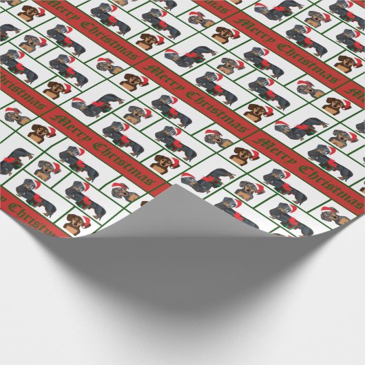 Dachshund met kerstcadeaus cadeaupapier (Hoek)