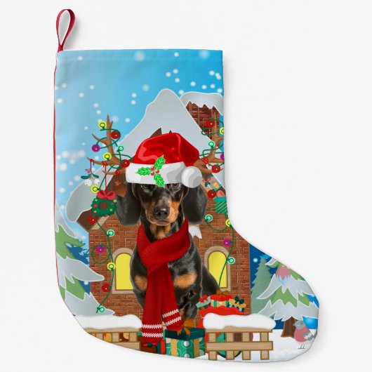Dachshund met kerstcadeautjes kleine kerstsok (Voorkant)