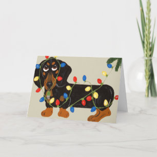 Dachshund met kerstlampjes Blk/tan Feestdagen Kaart