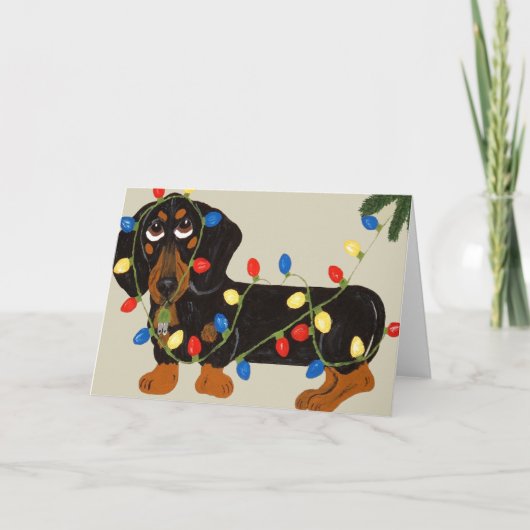 Dachshund met kerstlampjes Blk/tan Feestdagen Kaart (Voorkant)