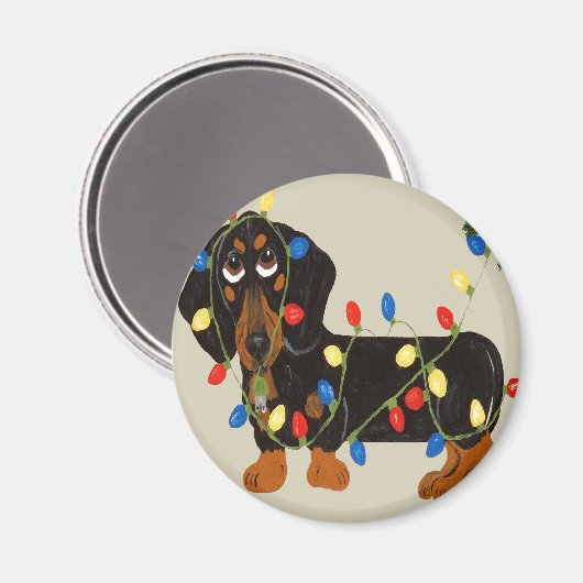 Dachshund met kerstlampjes Blk/tan Magneet (Voorkant / Achterkant)