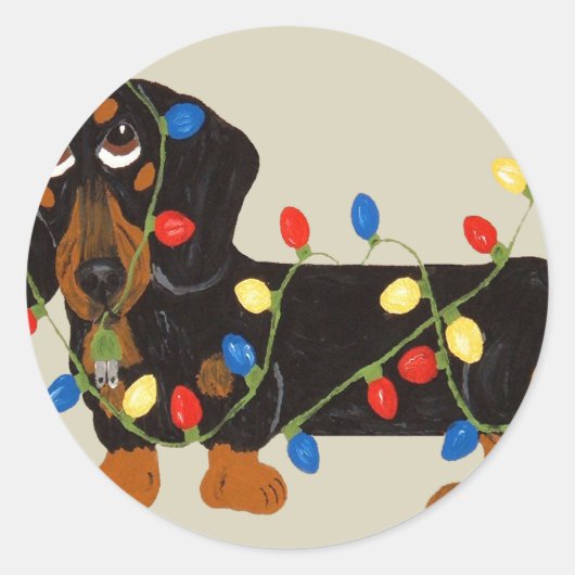 Dachshund met kerstlampjes Blk/tan Ronde Sticker (Voorkant)