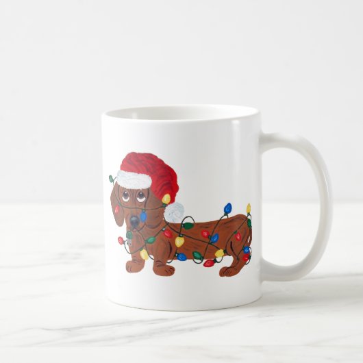Dachshund met kerstlampjes (rood) koffiemok (Rechts)