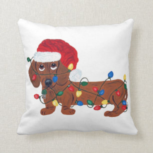 Dachshund met kerstlampjes (rood) kussen
