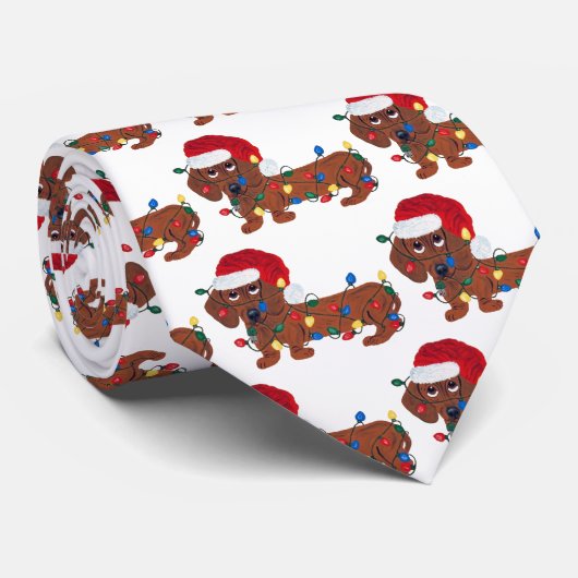 Dachshund met kerstlampjes (rood) stropdas (Opgerold)