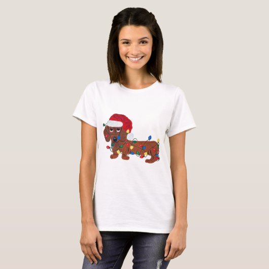 Dachshund met kerstlampjes (rood) t-shirt (Voorkant volledig)