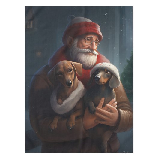 Dachshund met kerstman Festive Kerstmis Tafelkleed (Voorkant)