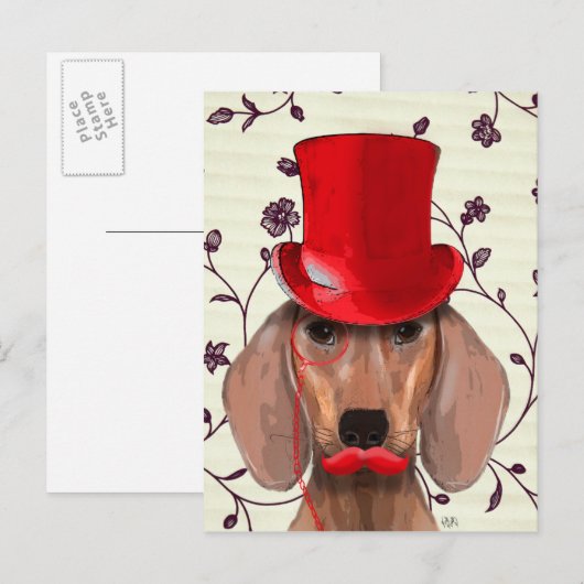Dachshund met Red Top Hat Briefkaart (Voorkant / Achterkant)