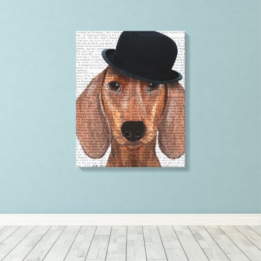 Dachshund met Steampunk Bowler Pet Canvas Afdruk (Insitu (Houten vloer))