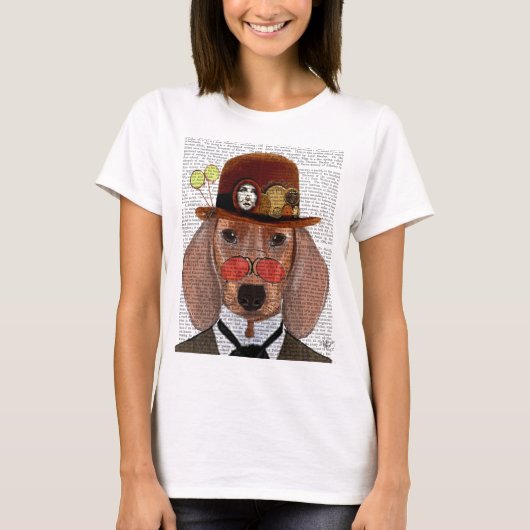 Dachshund met Steampunk Bowler Pet T-shirt (Voorkant)