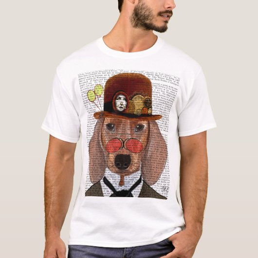 Dachshund met Steampunk Bowler Pet T-shirt (Voorkant)