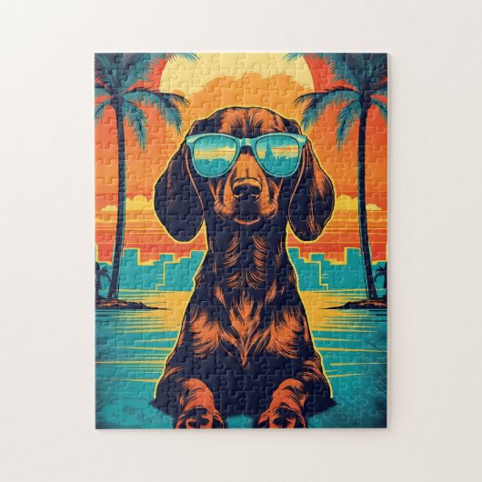 Dachshund met zonnebril op een tropisch strand legpuzzel (Verticaal)