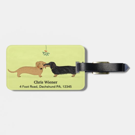 Dachshund Mistletoe Kiss - Wiener Dog Kerstmis Bagagelabel (Achterkant horizontaal)