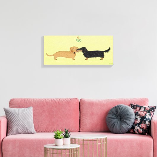 Dachshund Mistletoe Kiss - Wiener Dog Kerstmis Canvas Afdruk (Insitu (Woonkamer))