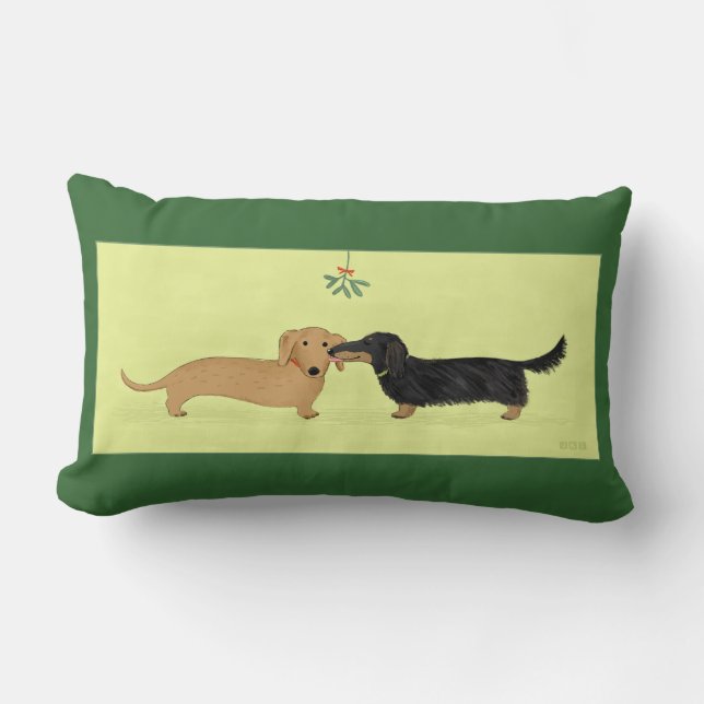 Dachshund Mistletoe Kiss - Wiener Dog Kerstmis Kussen (Voorkant)