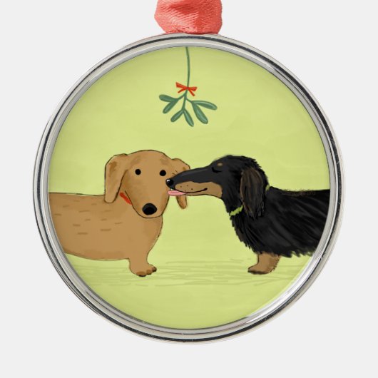 Dachshund Mistletoe Kiss - Wiener Dog Kerstmis Metalen Ornament (Voorkant)