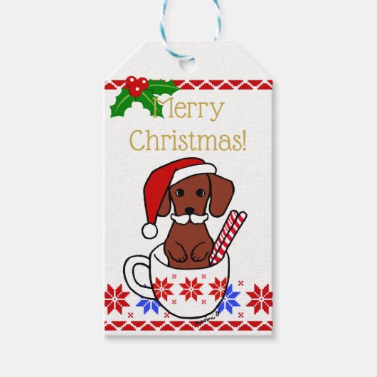 Dachshund Mustache Kerst Cartoon Cadeaulabel (Voorkant)