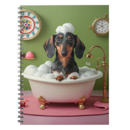 Dachshund nemen bubbelbad in klein bad grillig notitieboek