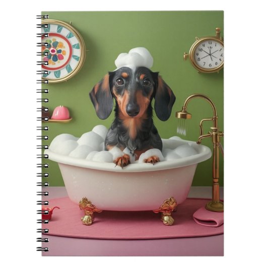 Dachshund nemen bubbelbad in klein bad grillig notitieboek (Voorkant)