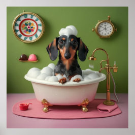 Dachshund nemen bubbelbad in klein bad grillig poster