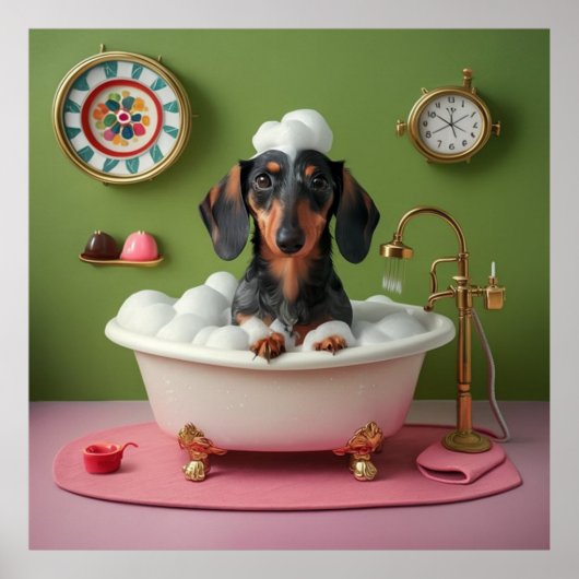Dachshund nemen bubbelbad in klein bad grillig poster (Voorkant)