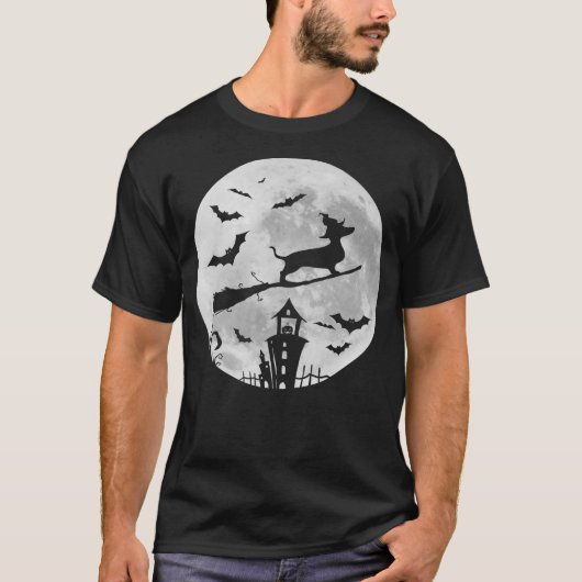 Dachshund on a Broomstick Moon Witch Sausage Dog H T-shirt (Voorkant)