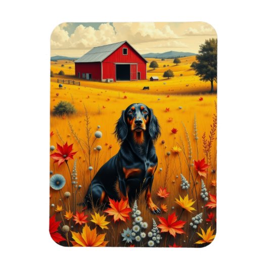 dachshund on the farm in autumn magneet (Verticaal)