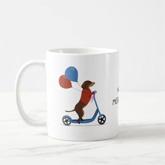 Dachshund op scooter met ballonnen koffiemok (Links)